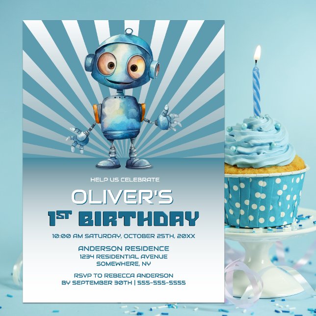 1. Geburtstag Blue Robot Themenparty Einladung (Von Creator hochgeladen)