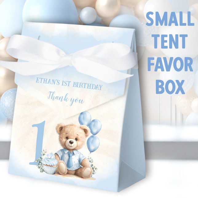 1. Geburtstag Boy Blue Beige Teddy Bear Zent Geschenkschachtel (Blue Bear Small Tent Favor Boxes - You can choose from 2 sizes of these tent favor boxes)
