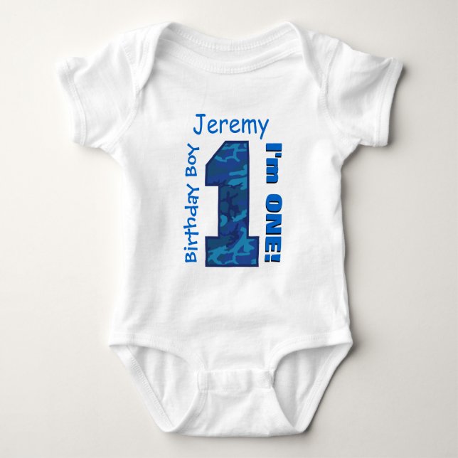 1. Geburtstag Boy Blue CAMOUFLAGE 1 Jahr Individue Baby Strampler (Vorderseite)