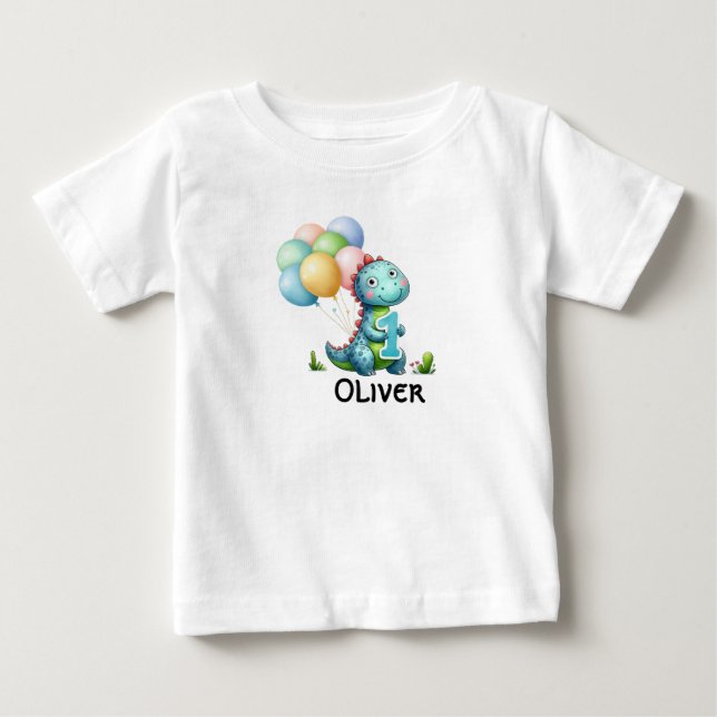 1. Geburtstag Boy Dinosaur personalisierter Name S Baby T-shirt (Vorderseite)