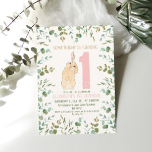1. Geburtstag Bunny Watercolor Eukalyptus Pink Einladung