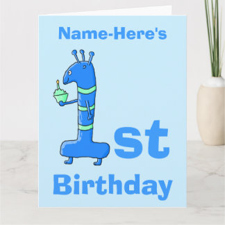 1. Geburtstag Cartoon, blau. Individuelle Name. Karte