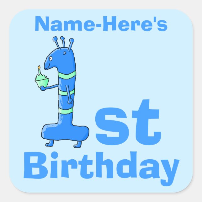1. Geburtstag Cartoon, blau. Individuelle Name. Quadratischer Aufkleber (Vorderseite)