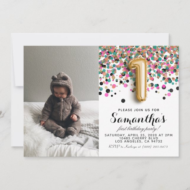 1. Geburtstag Confetti Portrait Einladung (Vorderseite)