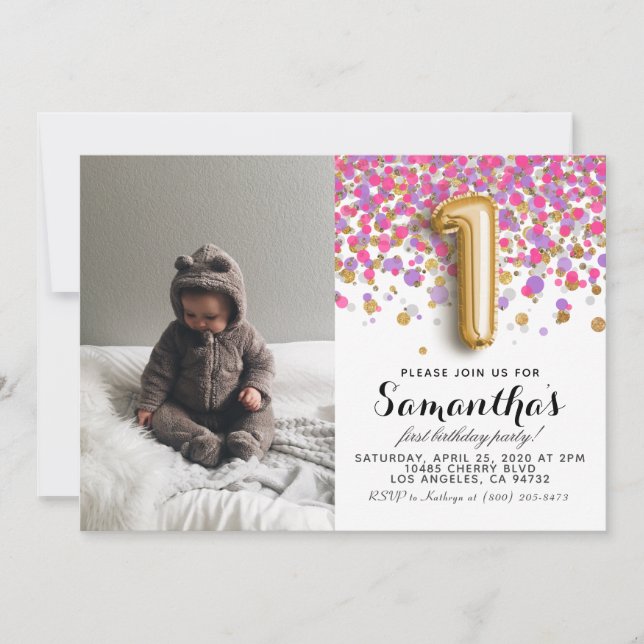 1. Geburtstag Confetti Portrait Einladung (Vorderseite)