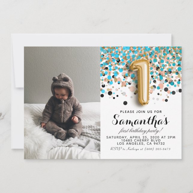 1. Geburtstag Confetti Portrait Einladung (Vorderseite)
