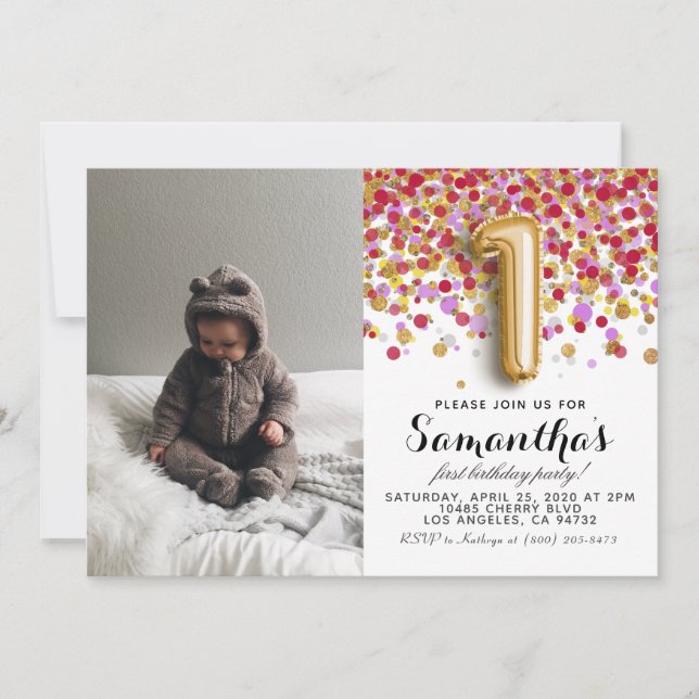 1. Geburtstag Confetti Portrait Einladung (Vorderseite)