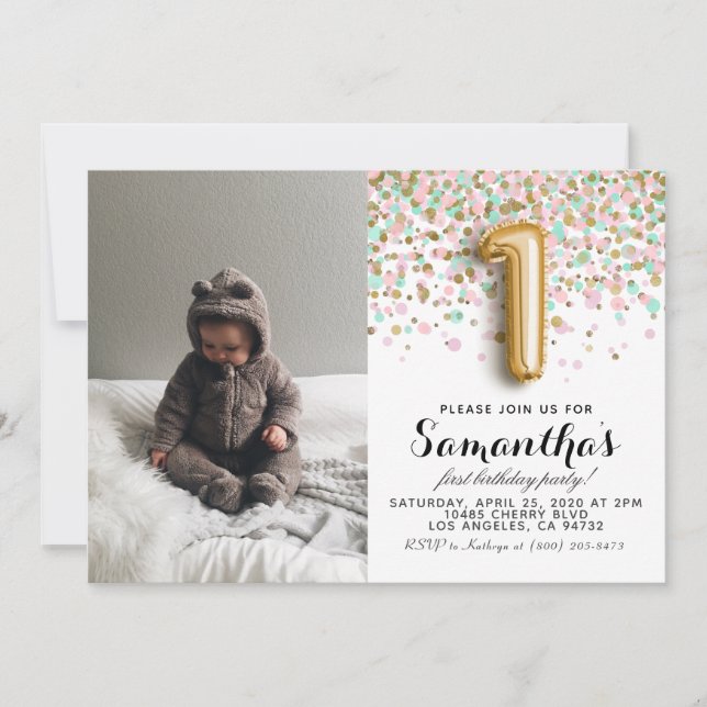 1. Geburtstag Confetti Portrait Einladung (Vorderseite)