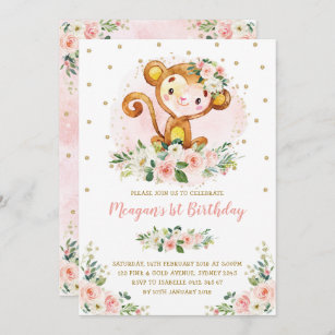 1. Geburtstag des Affen Blush Pink Floral Wild One Einladung