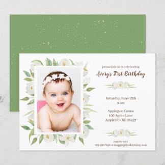 1. Geburtstag des eleganten White & Green Floral B Einladung