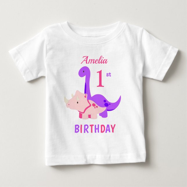 1. Geburtstag Dinosaurier Pink Baby T - Shirt (Vorderseite)