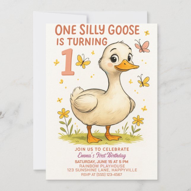 1. Geburtstag Eine Alberne Gans für ein Baby Einladung (Vorderseite)