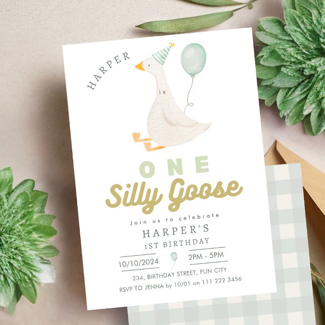 1. Geburtstag eines Albernen Gänsegeschlechts neut Einladung (One Silly Goose Gender Neutral 1st Birthday Invitation)