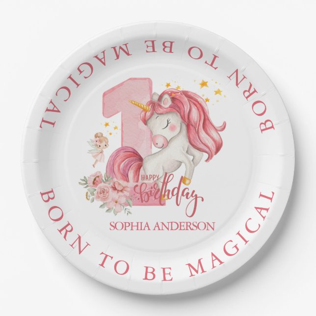 1. Geburtstag Einhorn Rosa Kleines Mädchen  Pappteller (Vorderseite)