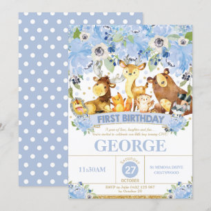 1. Geburtstag Einladung Boy Woodland Tiere Blue