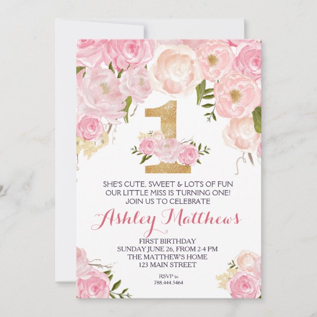 1. Geburtstag ERSTE schöne Blumeneinladung, Einladung (Vorderseite)