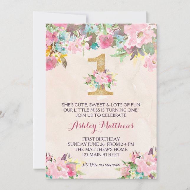 1. Geburtstag ERSTE schöne Blumeneinladung, Einladung (Vorderseite)