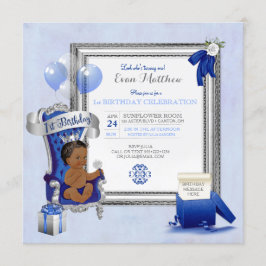 1. Geburtstag Ethnic Boy Royal Blue Silver Foto Einladung