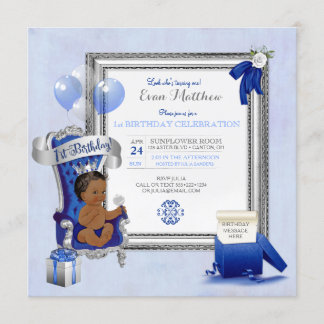 1. Geburtstag Ethnic Boy Royal Blue Silver Foto Einladung