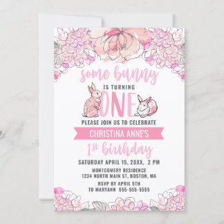 1. Geburtstag etwas Bunny Pink Aquarell Floral Einladung
