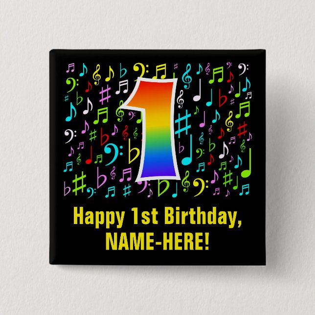 1. Geburtstag: Farbige Musiksymbole, Regenbogen 1 Button (Vorderseite)