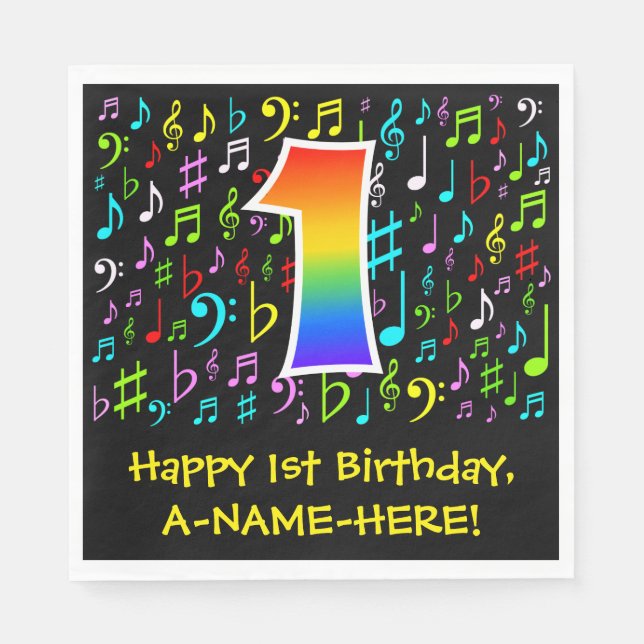 1. Geburtstag - Farbige Musiksymbole, Regenbogen 1 Serviette (Vorderseite)