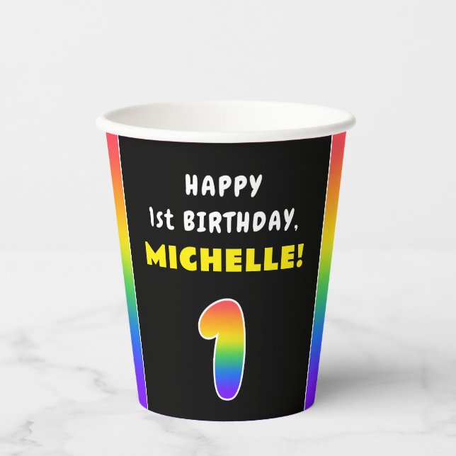 1. Geburtstag: Farbiger Regenbogen # 1, Individuel Pappbecher (Vorderseite)