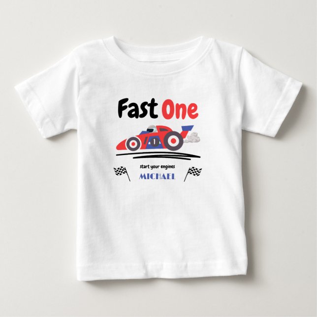 1. Geburtstag Fast One Red Blue Race Car Baby T-shirt (Vorderseite)