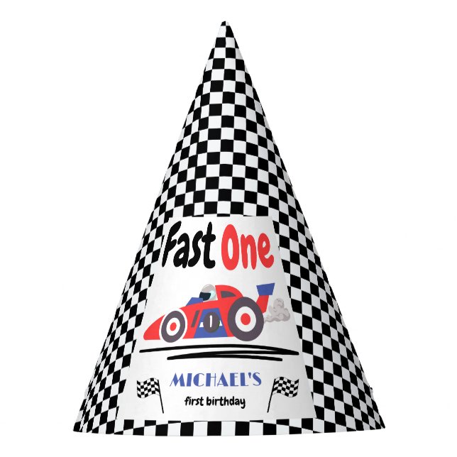 1. Geburtstag Fast One Red Blue Race Car Partyhütchen (Vorderseite)