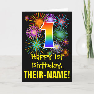 1. Geburtstag: Fun Fireworks Pattern + Regenbogen  Karte