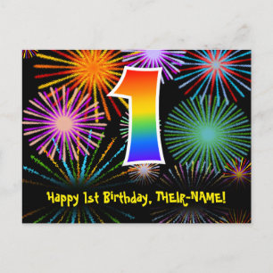 1. Geburtstag - Fun Fireworks Pattern + Regenbogen Postkarte