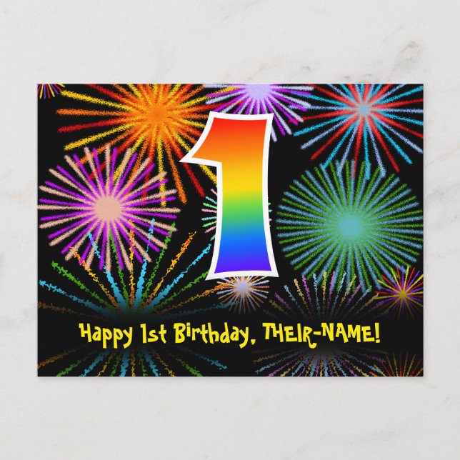1. Geburtstag - Fun Fireworks Pattern + Regenbogen Postkarte (Vorderseite)