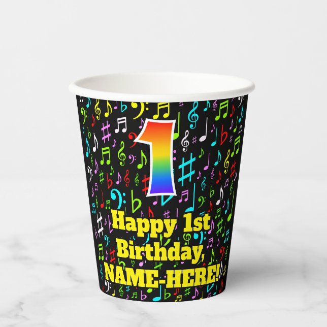 1. Geburtstag: Fun Musiknotens Pattern, Regenbogen Pappbecher (Vorderseite)