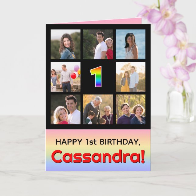 1. Geburtstag: Fun Rainbow #, Custom Fotos + Name Karte (Orchidee)