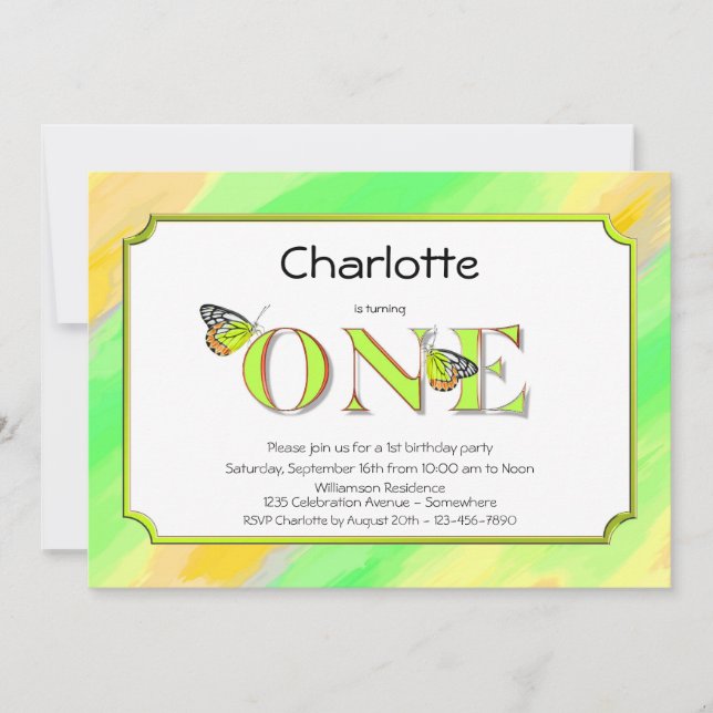 1. Geburtstag Gelb und Grün mit Streifen Einladung (Vorderseite)