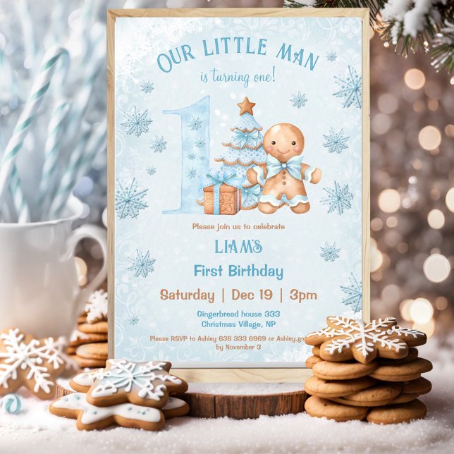 1. Geburtstag Gingerbread Mann Boy Blue Weihnachte Einladung (1st Birthday Gingerbread Man Boy Blue Christmas Invitation)