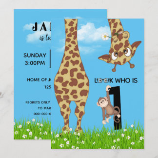 1. Geburtstag Giraffe und Affe im Gras Einladung