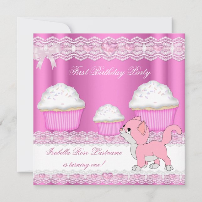 1. Geburtstag Girl Pink Cupcakes Baby Kitten Einladung (Vorderseite)