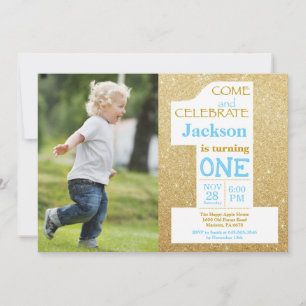1. Geburtstag Gold Glitter und Blau Foto Einladung