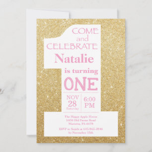 1. Geburtstag Gold Glitter und Pink Einladung