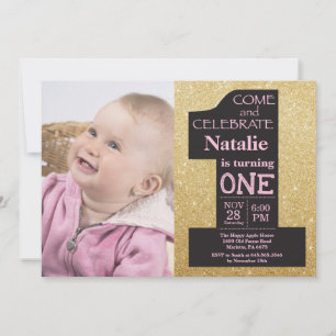 1. Geburtstag Gold Glitter und Pink Foto Einladung