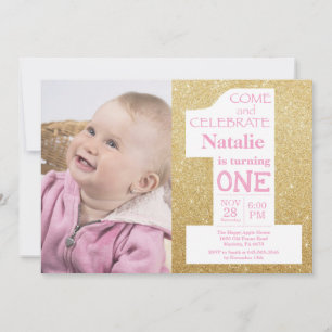 1. Geburtstag Gold Glitter und Pink Foto Einladung