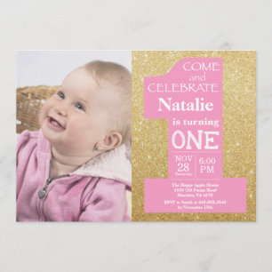 1. Geburtstag Gold Glitzer und Rosa Foto Einladung