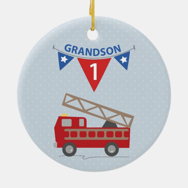 1. Geburtstag Grandson, Feuerwehrauto Keramik Ornament (Hinten)