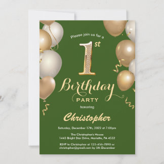 1. Geburtstag Green und Gold Balloons Confetti Einladung