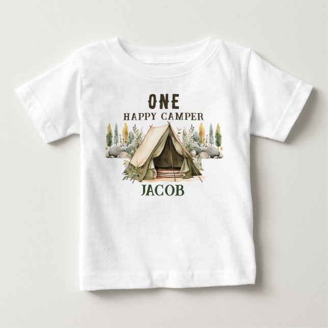 1. Geburtstag Happy Camper Kindergeburtstag Party Baby T-shirt (Vorderseite)