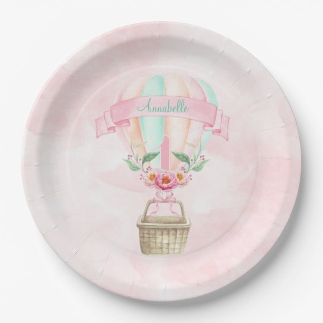 1. Geburtstag Heißluftballon Mint Rosa Pfirsich Pappteller (Vorderseite)