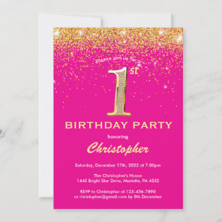 1. Geburtstag Hot Pink und Gold Glitzer Confetti Einladung