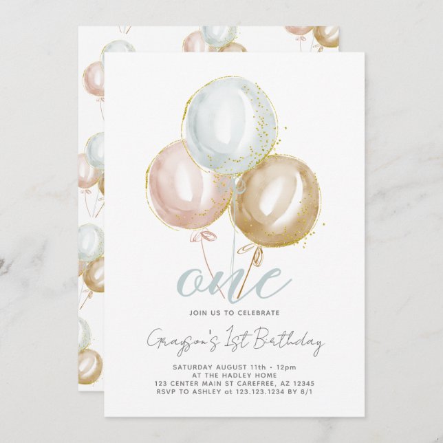 1. Geburtstag Junge One Balloons Einladung (Vorne/Hinten)