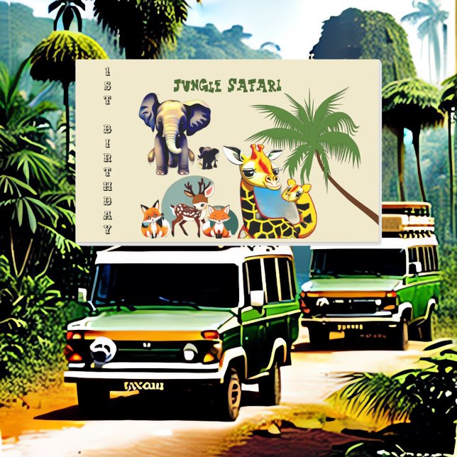 1. Geburtstag Jungle Safari Elephant Giraffe Deer Rechteckiger Aufkleber (1st Birthday Jungle Safari Elephant Giraffe Deer Rectangular Sticker)